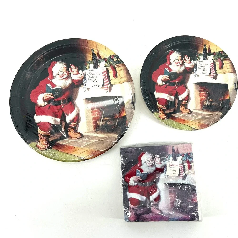 Vtg Coca-Cola Christmas Party Supply Set Santa Tablecover Plates Napkins 8pc New